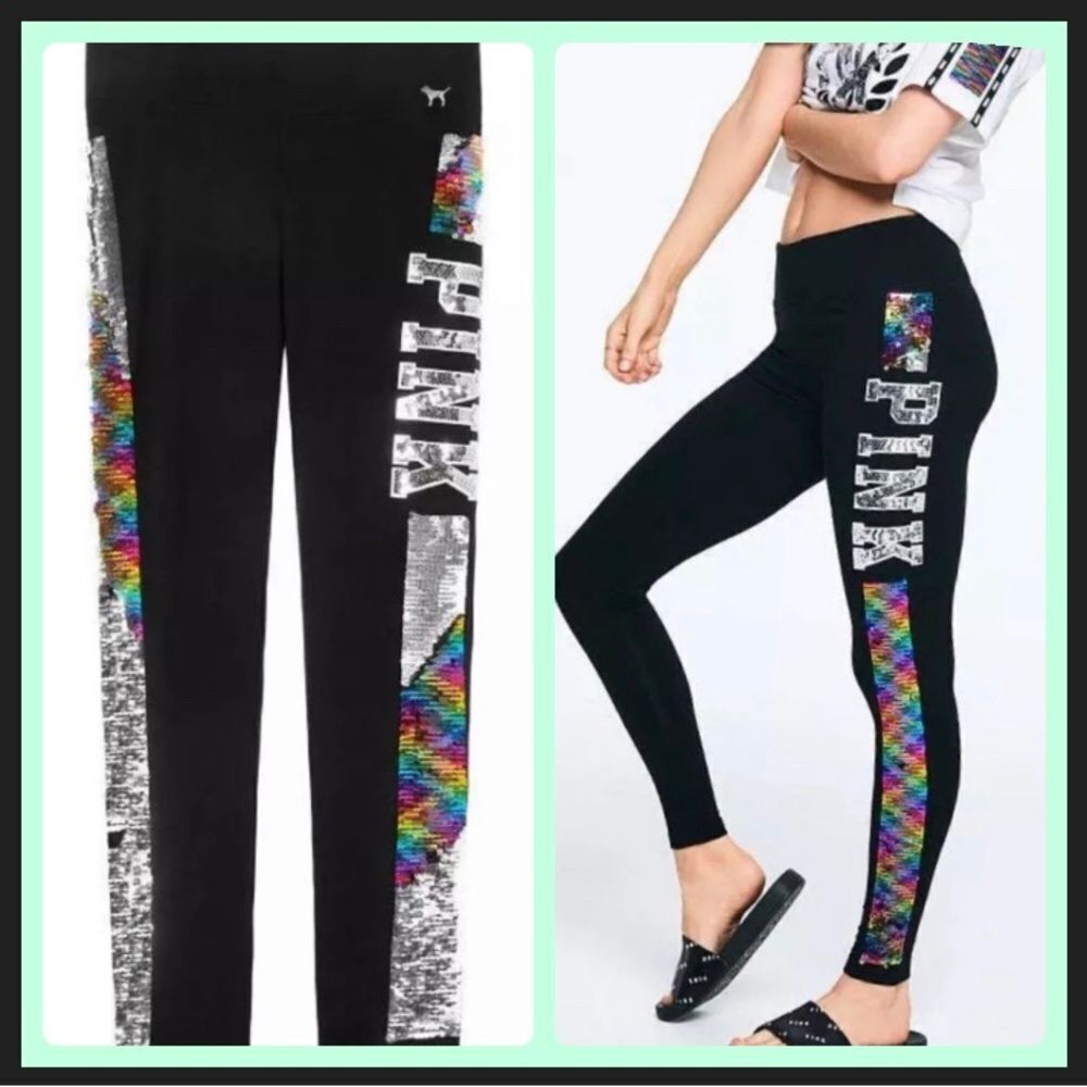 NEW PINK VS RAINBOW BLING REVERSIBLE YOGA LEGGINGS XS
